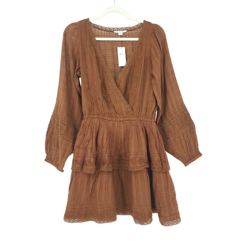 American Eagle Mini Dress Women S Brown Lace Ruffle Tiered Boho Cottage Peasant
